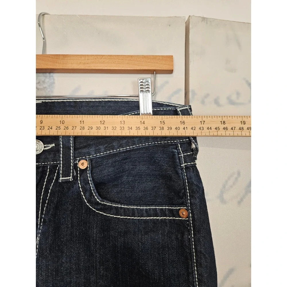 True Religion Super T Straight Leg Jeans 31 Dark Blue White Thick Stitch Y2K